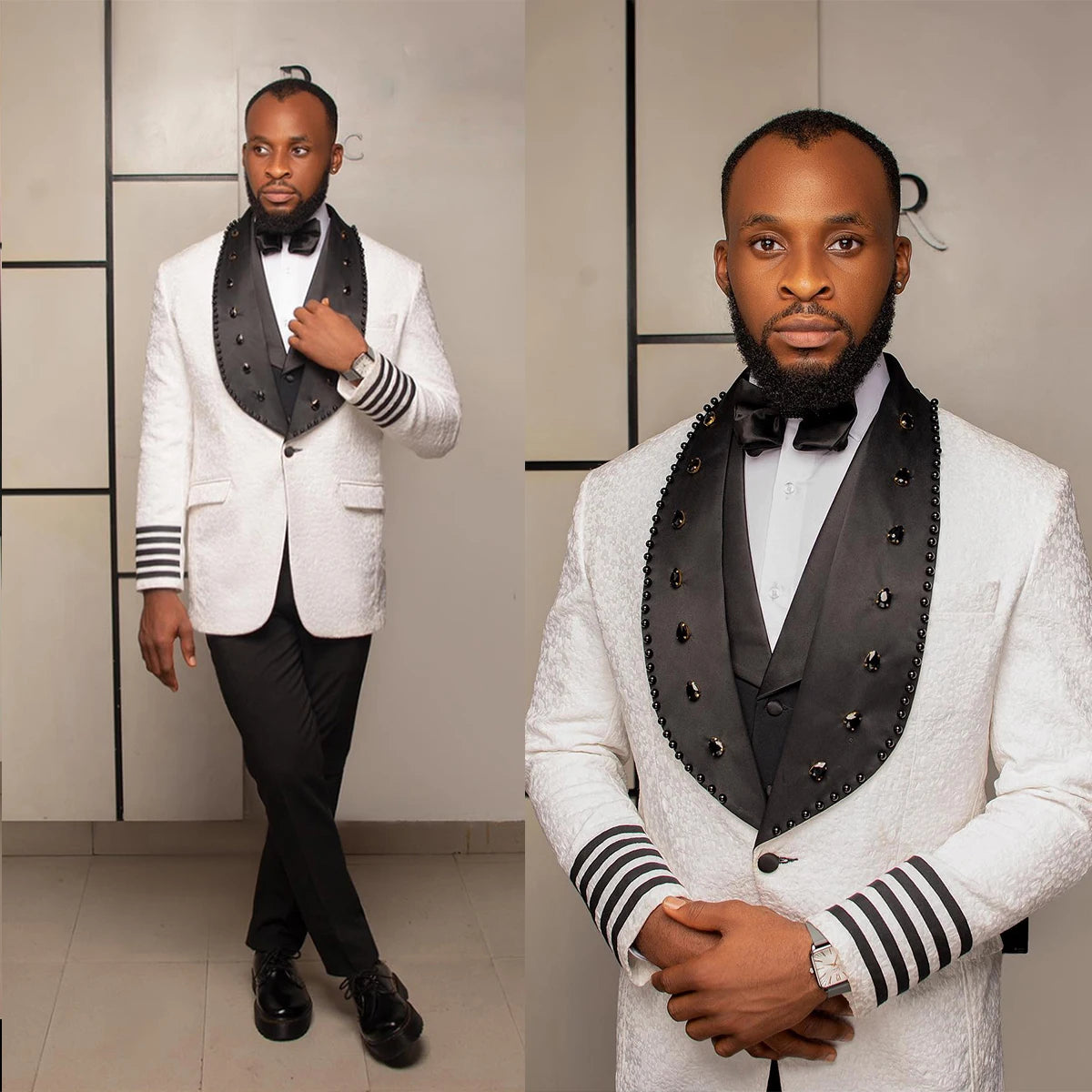 Men Wedding White Tuxedos Beads Shawl Lapel Floral Pattern3 Pieces Jacket Vest Pants Party Wear