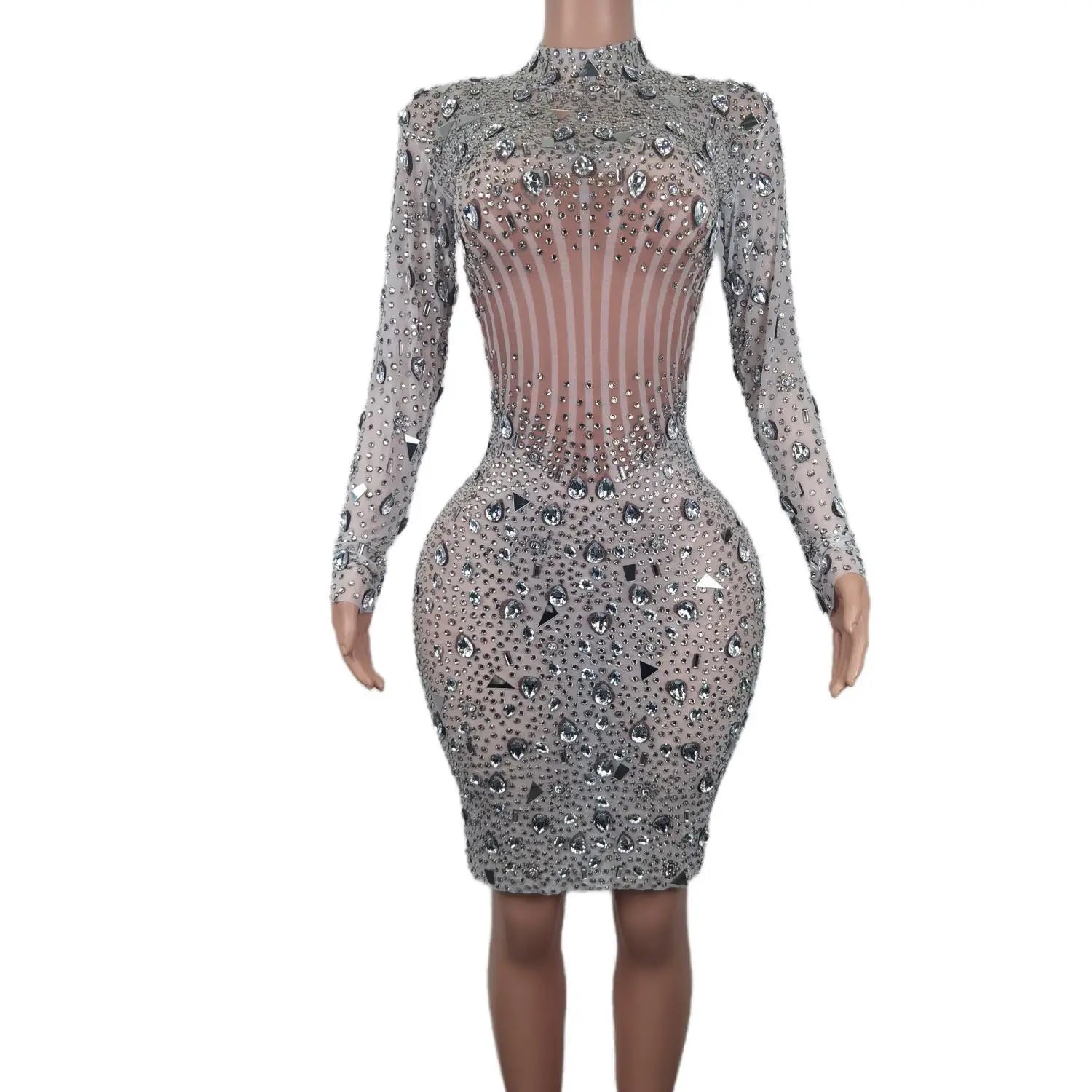Robe moulante en maille ornée de strass brillants pour femme, idéale pour les anniversaires, les fêtes et les représentations sur scène 