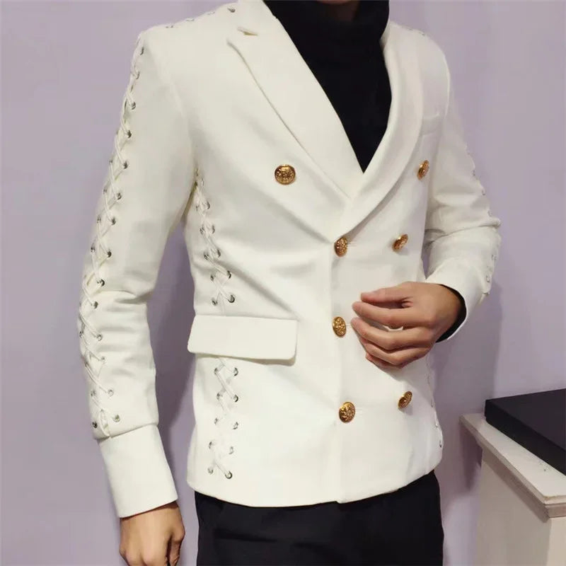 Men's Double Breasted White Blazer with Gold Buttons and Lace-Up Sleeve Detail
