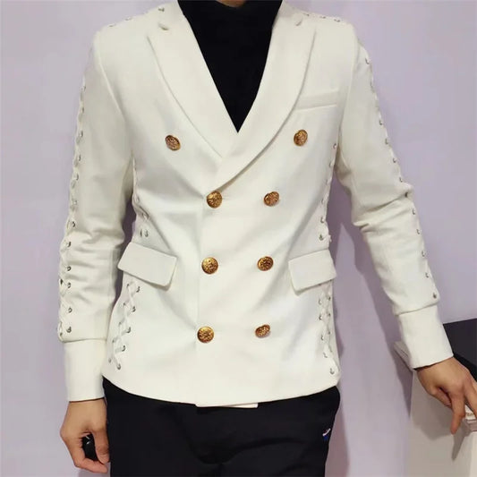Men's Double Breasted White Blazer with Gold Buttons and Lace-Up Sleeve Detail