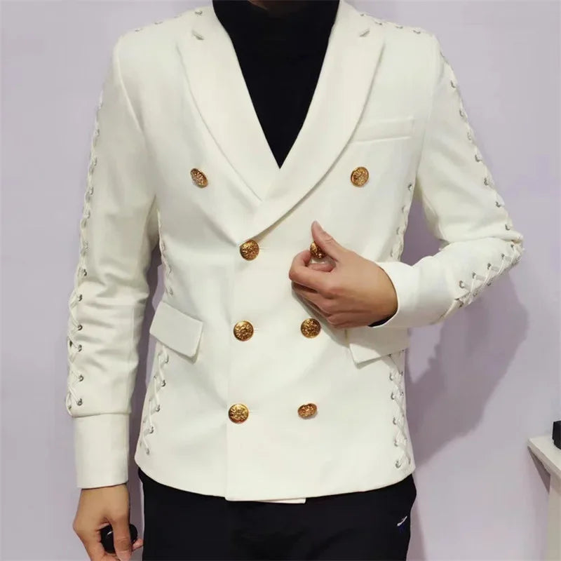 Men's Double Breasted White Blazer with Gold Buttons and Lace-Up Sleeve Detail