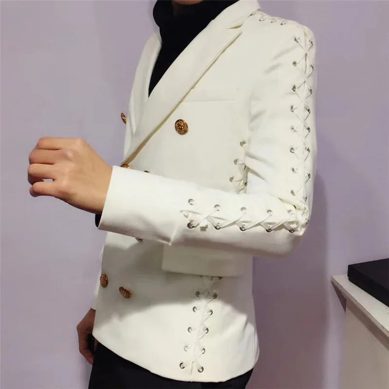 Men's Double Breasted White Blazer with Gold Buttons and Lace-Up Sleeve Detail