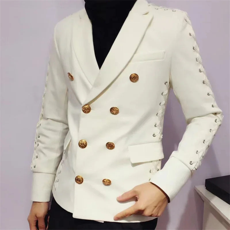Men's Double Breasted White Blazer with Gold Buttons and Lace-Up Sleeve Detail