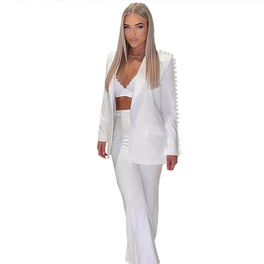 White Pearls Beading Wedding Tuxedos Slim Fit Mother of the Bride Pants Suits Prom Evening Party Outfit (Jacket+Pants)