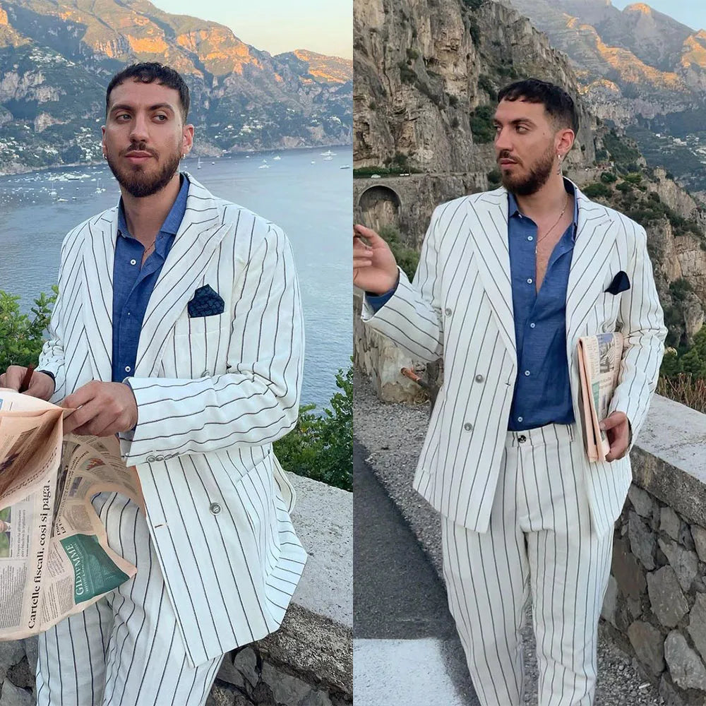 Costume homme blanc à rayures fines sur mesure 2 pièces blazer croisé pantalon tenue de travail formelle décontractée quotidienne fête sur mesure