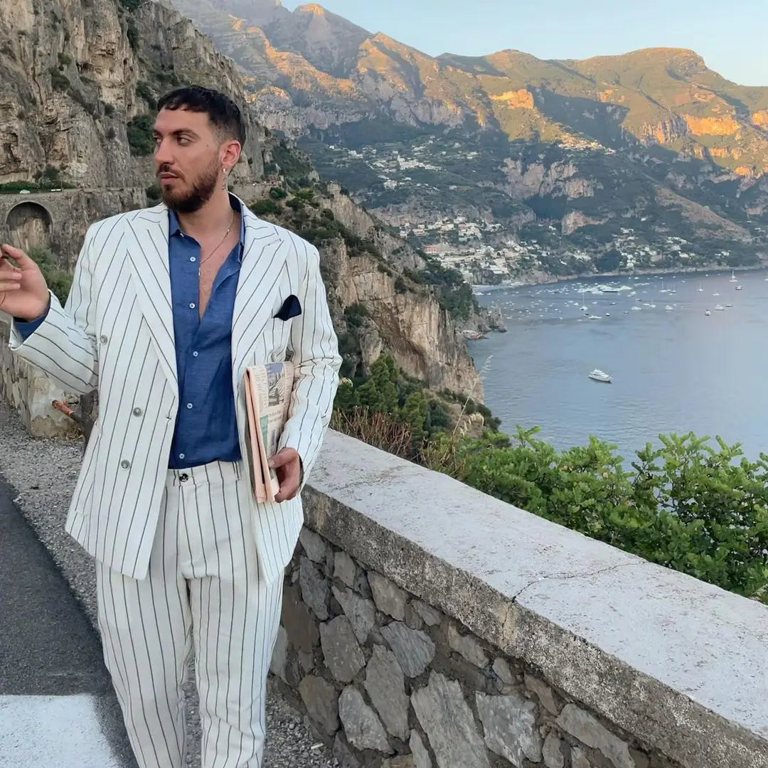 Costume homme blanc à rayures fines sur mesure 2 pièces blazer croisé pantalon tenue de travail formelle décontractée quotidienne fête sur mesure