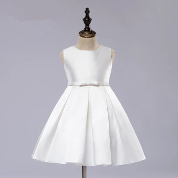 White Sleeveless A-Line Flower Girl Dress with Bow Belt