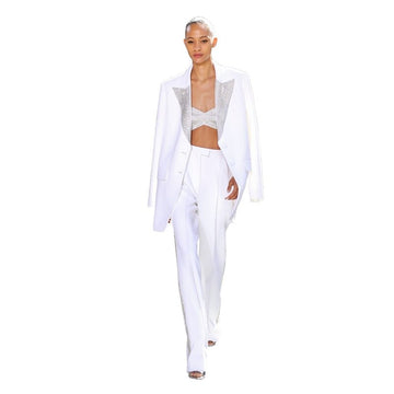 White Sequins Women Suits Set Peaked Lapel Single Breasted Jacket 3 Pcs Blazer+Top Bra+Wide Legs Pants Prom Dress