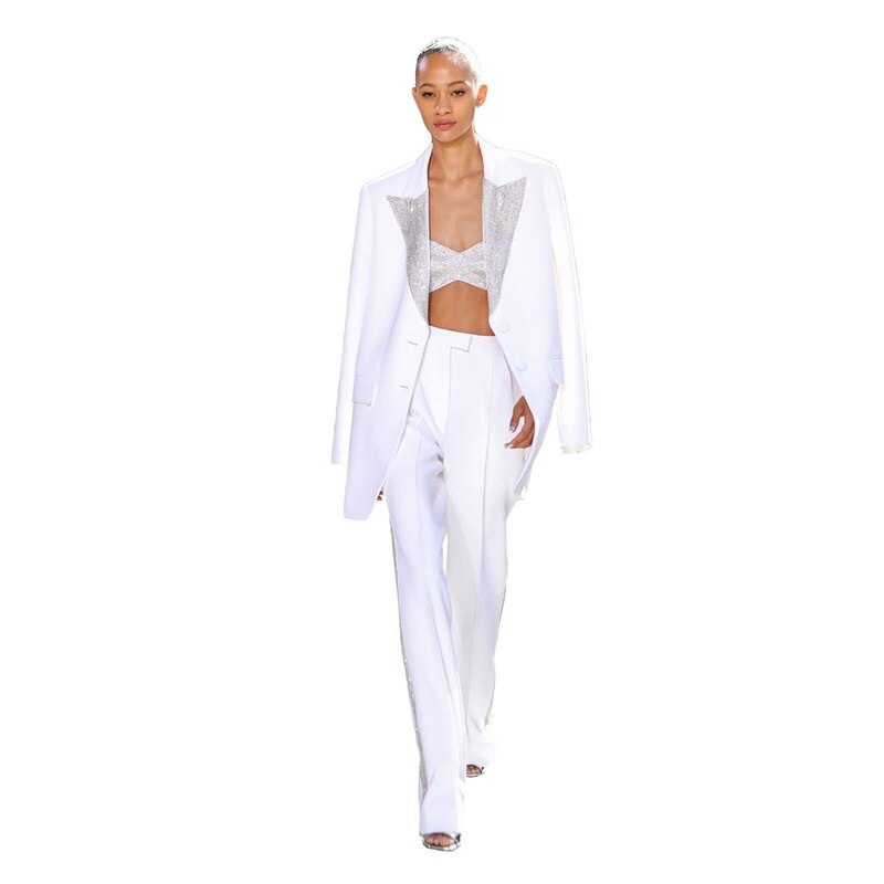 Conjunto de traje de mujer con lentejuelas blancas, chaqueta de botonadura sencilla con solapa de pico, 3 piezas, blazer, sujetador superior y pantalones anchos, vestido de fiesta. 