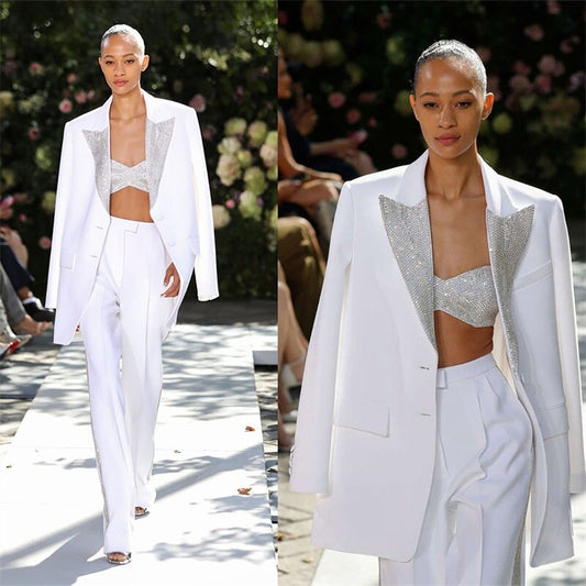 White Sequins Women Suits Set Peaked Lapel Single Breasted Jacket 3 Pcs Blazer+Top Bra+Wide Legs Pants Prom Dress