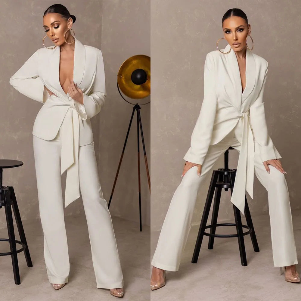 Conjunto de 2 piezas blanco sexy para mujer, traje con solapa chal y cinturón, holgado, para fiesta de graduación y noche.