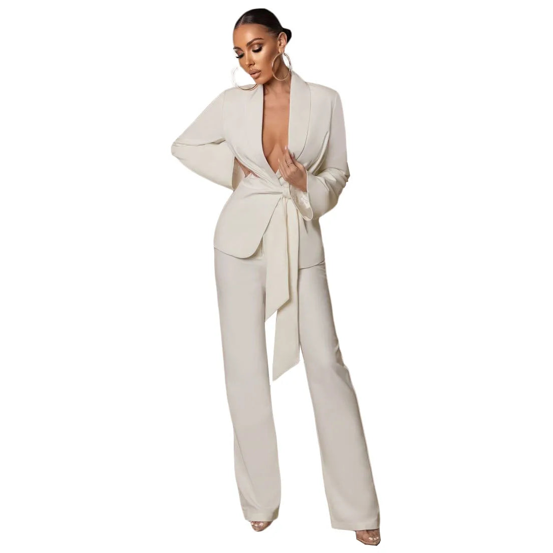 Conjunto de 2 piezas blanco sexy para mujer, traje con solapa chal y cinturón, holgado, para fiesta de graduación y noche.