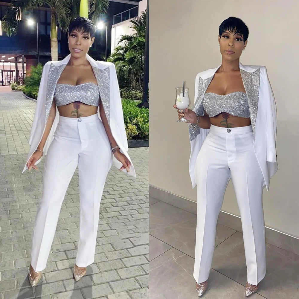Trajes a juego de color blanco y plateado para boda, lentejuelas, madre de la novia, pantalones, traje, esmoquin de fiesta de noche, ropa formal, 2 piezas 