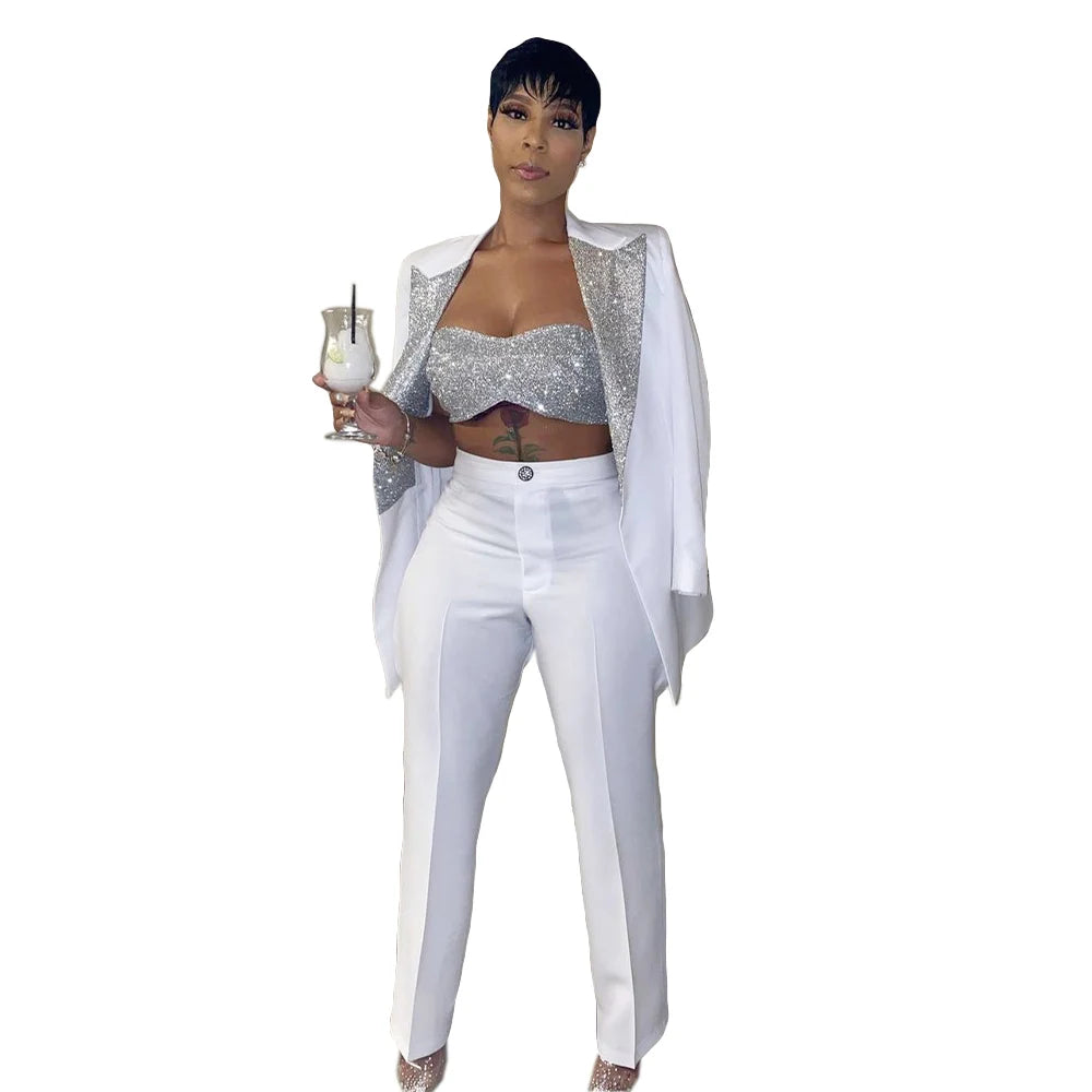 Trajes a juego de color blanco y plateado para boda, lentejuelas, madre de la novia, pantalones, traje, esmoquin de fiesta de noche, ropa formal, 2 piezas 
