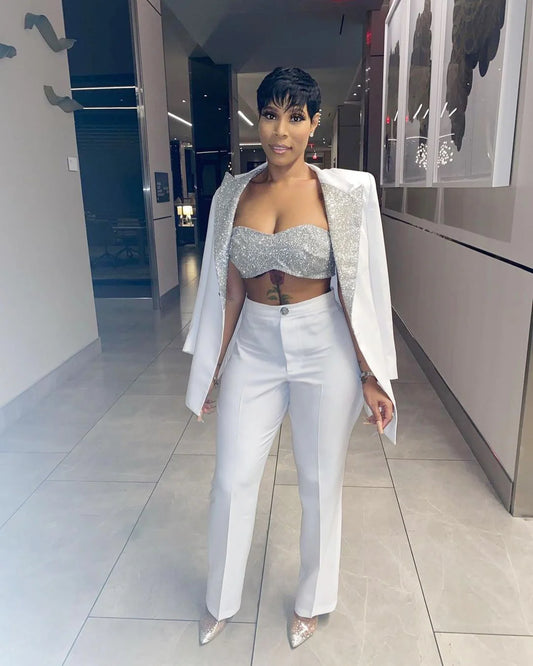 Costume de mariage blanc argenté assorti à paillettes, pantalon pour mère de la mariée, tenue de soirée, smoking, tenue de soirée, 2 pièces 