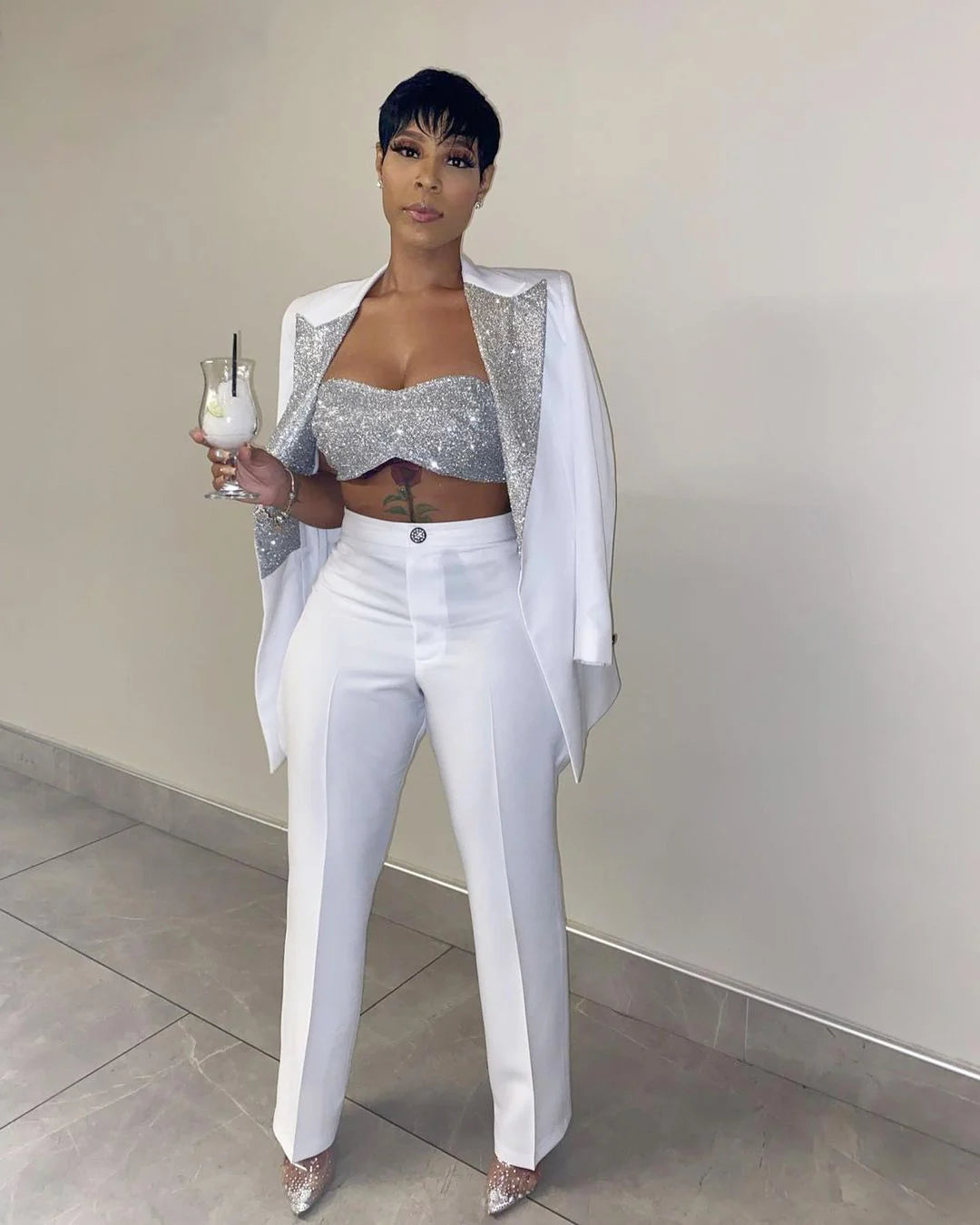 Trajes a juego de color blanco y plateado para boda, lentejuelas, madre de la novia, pantalones, traje, esmoquin de fiesta de noche, ropa formal, 2 piezas 