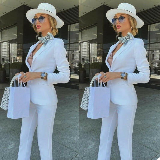 White Slim Fit Pants Suits Women Long Sleeve Outfits Evening Party  Mother of the Bride Wedding Formal Wear 2 Pieces