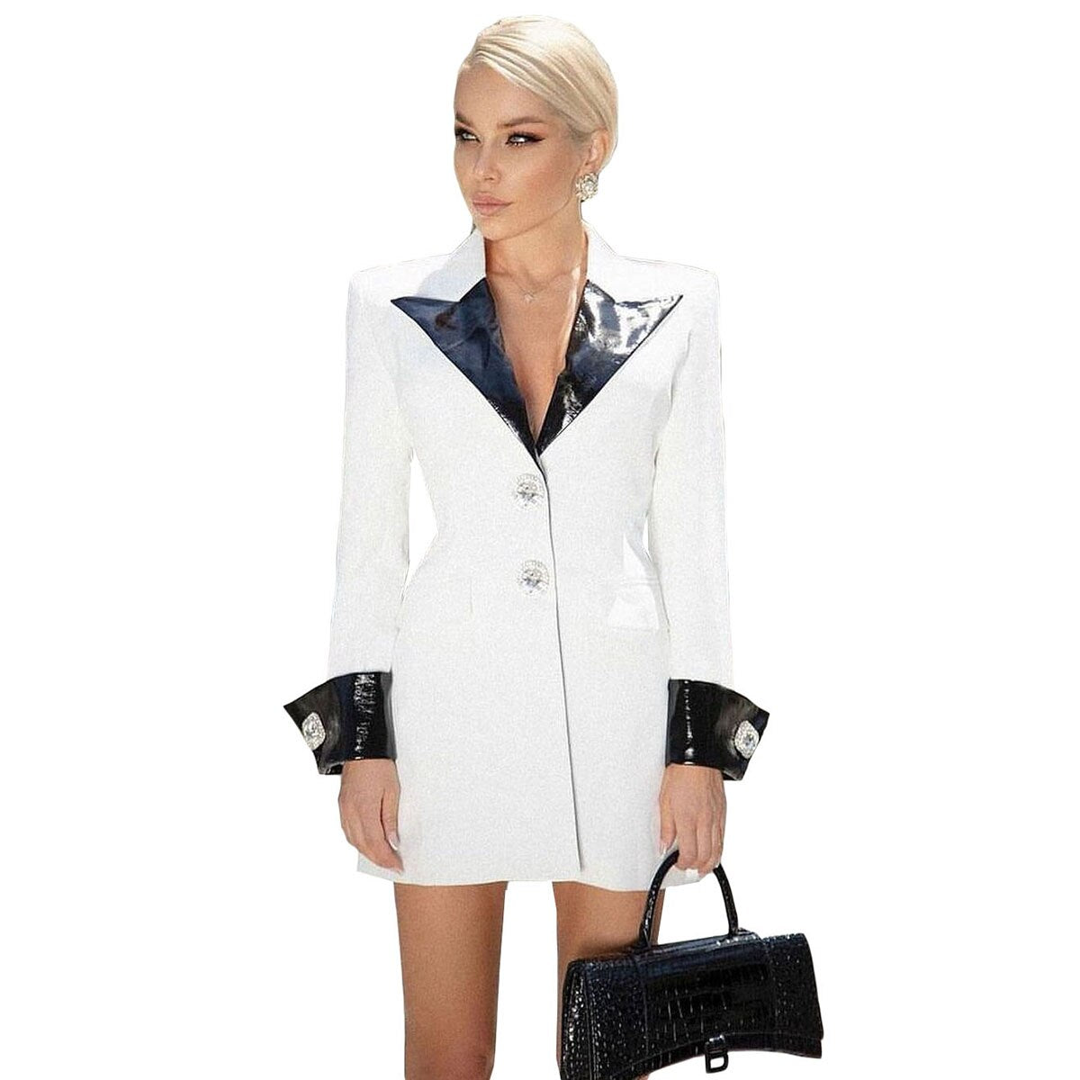 Blazer blanc pour femme, veste à revers en cuir noir, tenue de soirée formelle, de travail, grande taille, pour mariée 