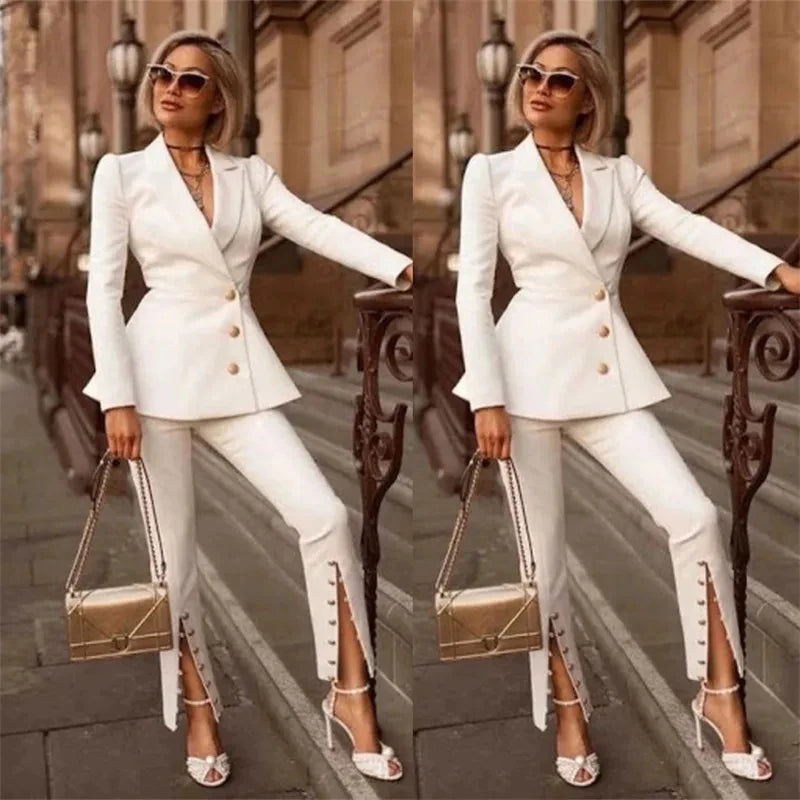 Ensemble de costumes de bureau blancs pour femmes, pour mariage, veste formelle à boutons + pantalon fendu, robe de bal, blazer, smoking, sur mesure