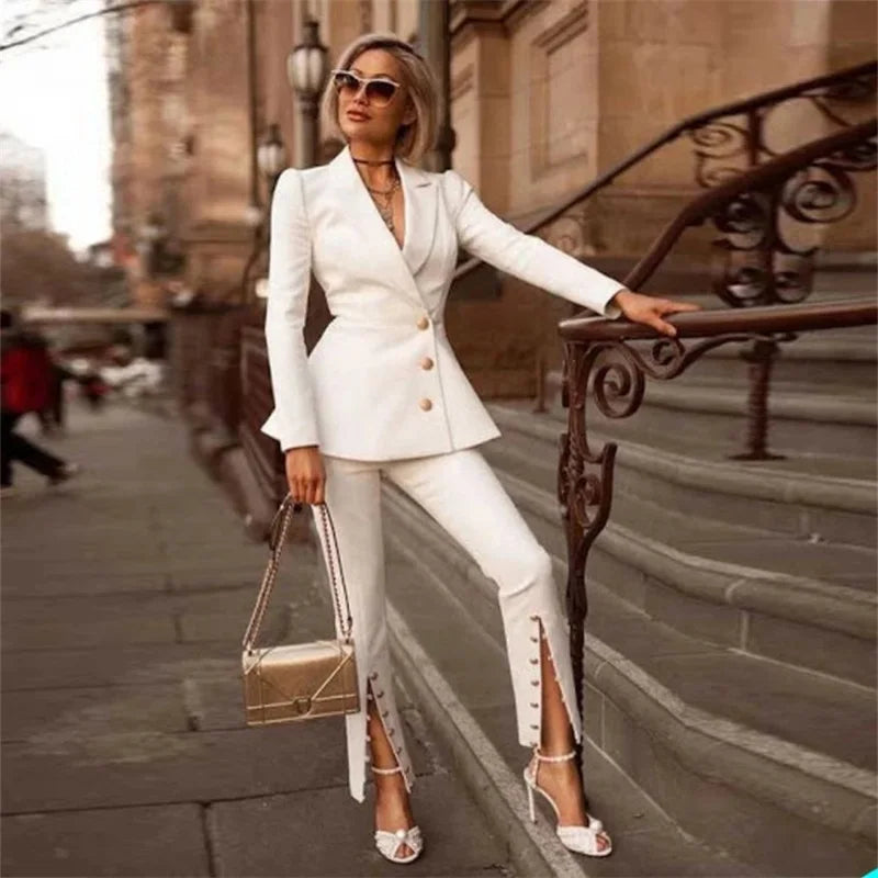 Ensemble de costumes de bureau blancs pour femmes, pour mariage, veste formelle à boutons + pantalon fendu, robe de bal, blazer, smoking, sur mesure