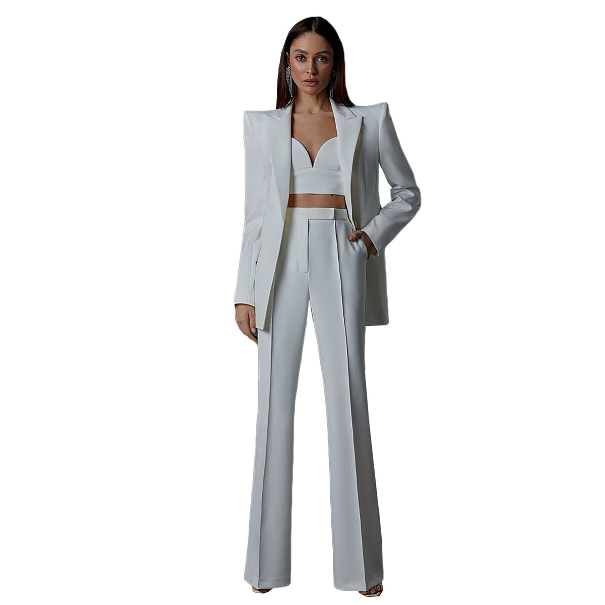 Trajes de pantalón blanco para mujer, corte entallado, hombreras gruesas, ropa de fiesta de noche para boda, pantalones rectos de dos piezas 