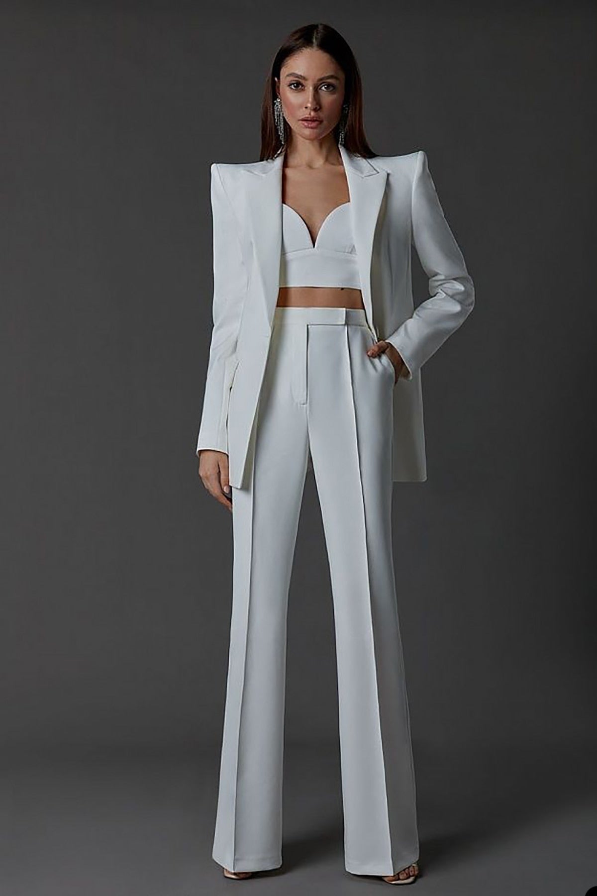 Trajes de pantalón blanco para mujer, corte entallado, hombreras gruesas, ropa de fiesta de noche para boda, pantalones rectos de dos piezas 