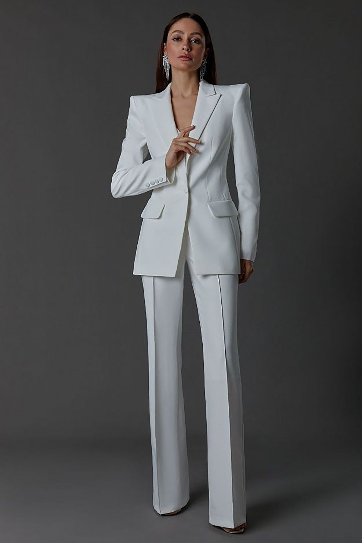 Trajes de pantalón blanco para mujer, corte entallado, hombreras gruesas, ropa de fiesta de noche para boda, pantalones rectos de dos piezas 