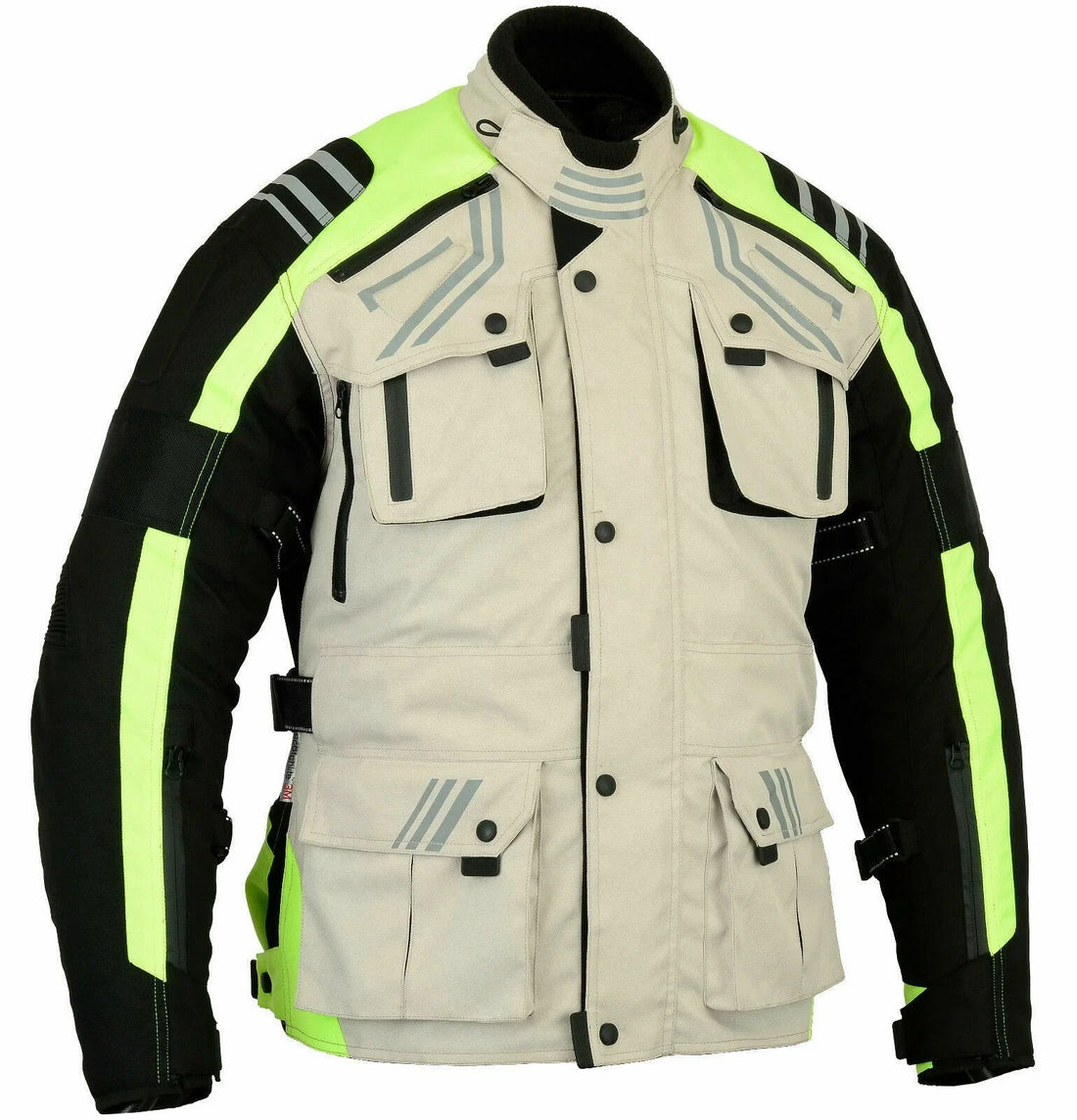 Motorcycle Jacket and Pants Set with Neon Green Accents and Multiple Pockets