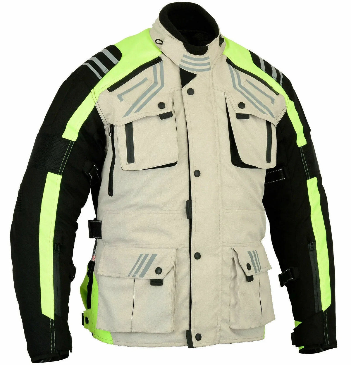 Motorcycle Jacket and Pants Set with Neon Green Accents and Multiple Pockets