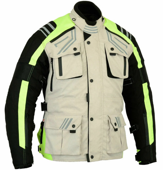 Conjunto de chaqueta y pantalón de moto con detalles en verde neón y múltiples bolsillos