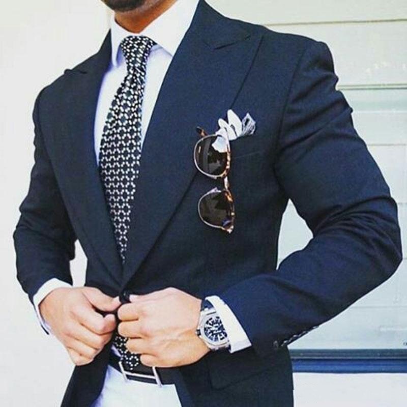 Trajes de negocios azul marino con diseño de pico ancho para hombre, esmoquin para novio de boda, trajes de padrino de boda, traje de 2 piezas para hombre 