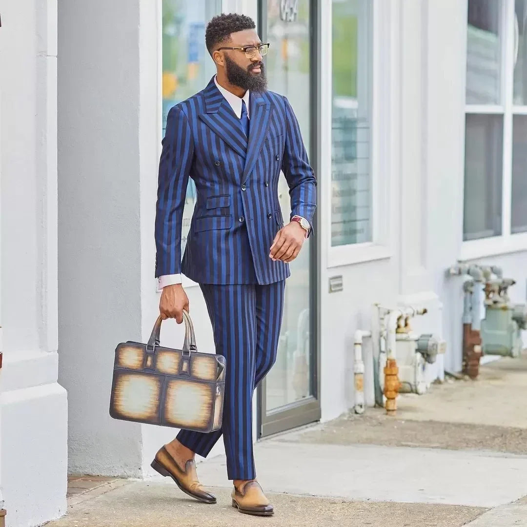 Costume homme à rayures larges, smoking croisé, 2 pièces, veste et pantalon.