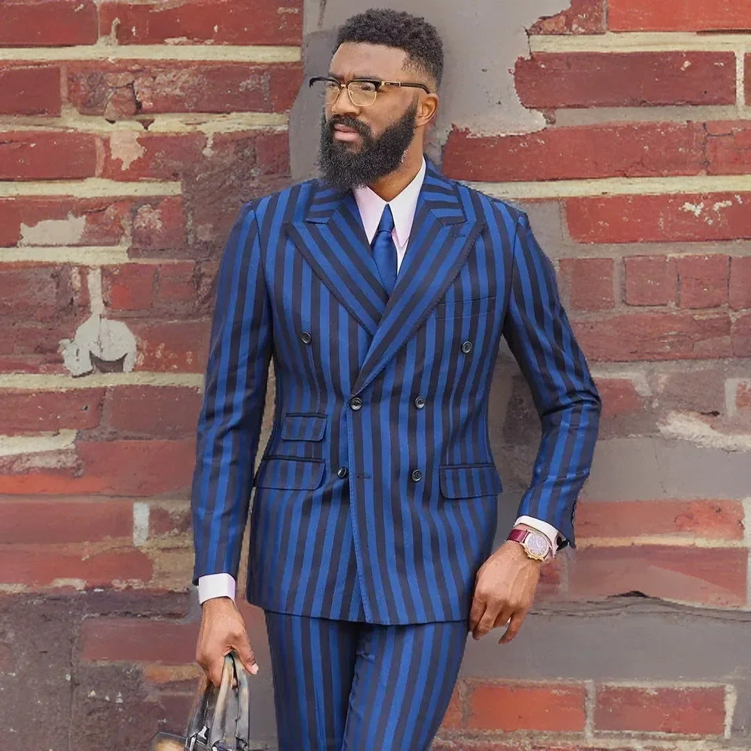 Costume homme à rayures larges, smoking croisé, 2 pièces, veste et pantalon.