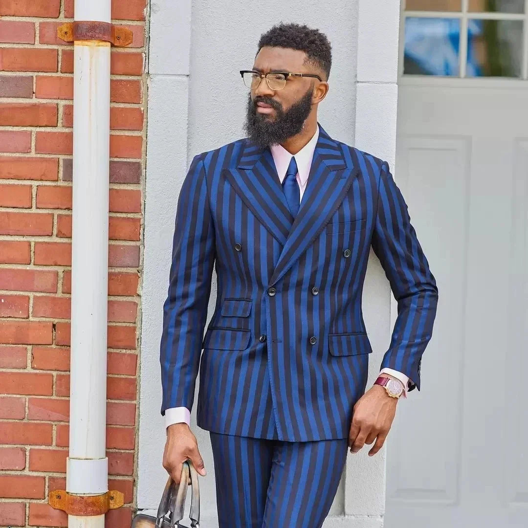 Trajes de hombre de rayas anchas para negocios, esmoquin cruzado para boda, 2 piezas, traje de novio, blazer con solapa de pico (chaqueta + pantalón)