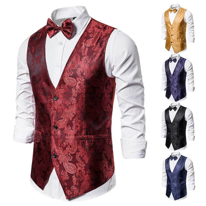 Wine Red Jacquard Suit Vest Men's Business Banquet Wedding Party Groom Dress Tops Size