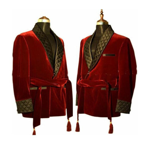 Winter Black Velvet Men’s Smoking Overcoat Red Long Jacket Groom Party Prom Coat Business Wear Clothing Only 1 Blazer With Belt