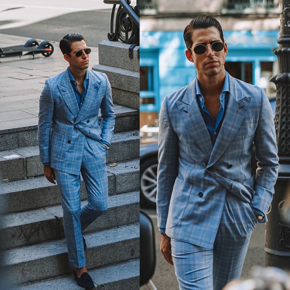 Trajes de hombre a cuadros azules de invierno, corte entallado, doble botonadura, solapa de pico, a cuadros, para novio, fiesta de graduación, chaqueta, 2 piezas 
