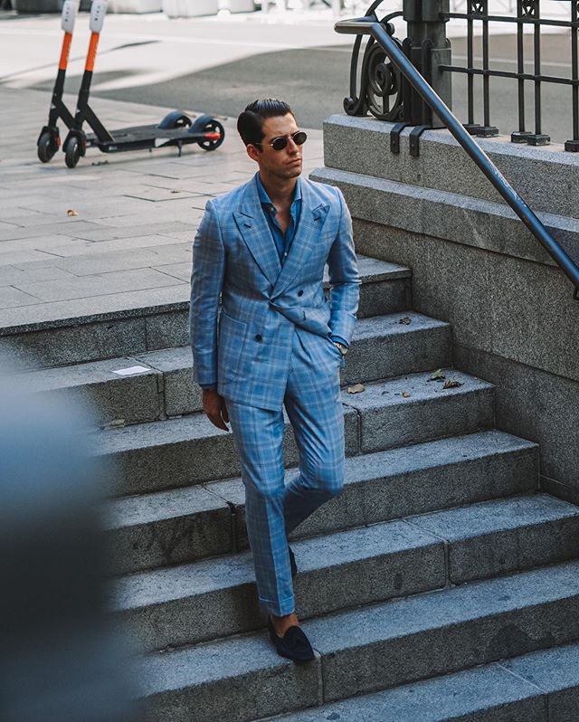 Trajes de hombre a cuadros azules de invierno, corte entallado, doble botonadura, solapa de pico, a cuadros, para novio, fiesta de graduación, chaqueta, 2 piezas 
