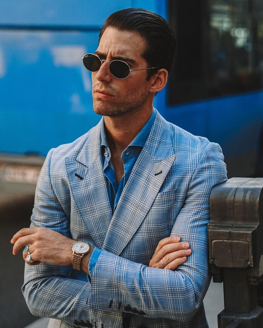 Winter Blue Plaid men Suits Slim Fit Double Breasted Peaked Lapel Check Groom Men Prom Party Blazer Jacket 2 piece