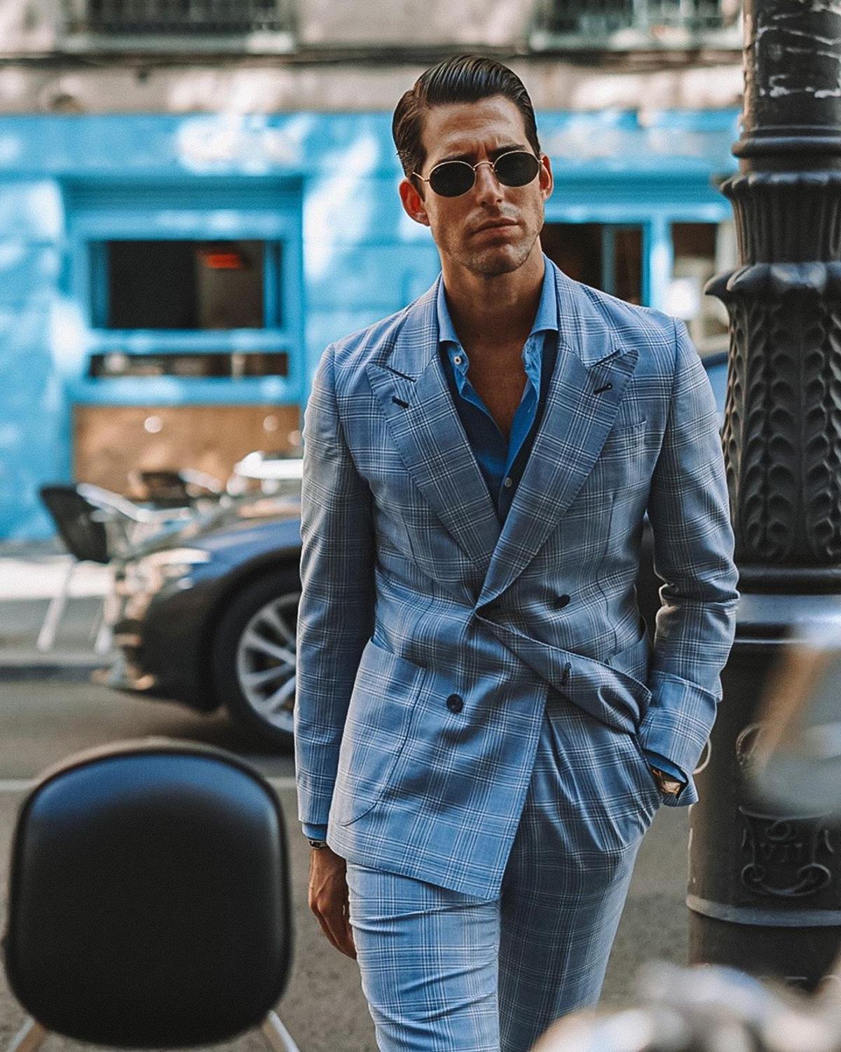 Trajes de hombre a cuadros azules de invierno, corte entallado, doble botonadura, solapa de pico, a cuadros, para novio, fiesta de graduación, chaqueta, 2 piezas 