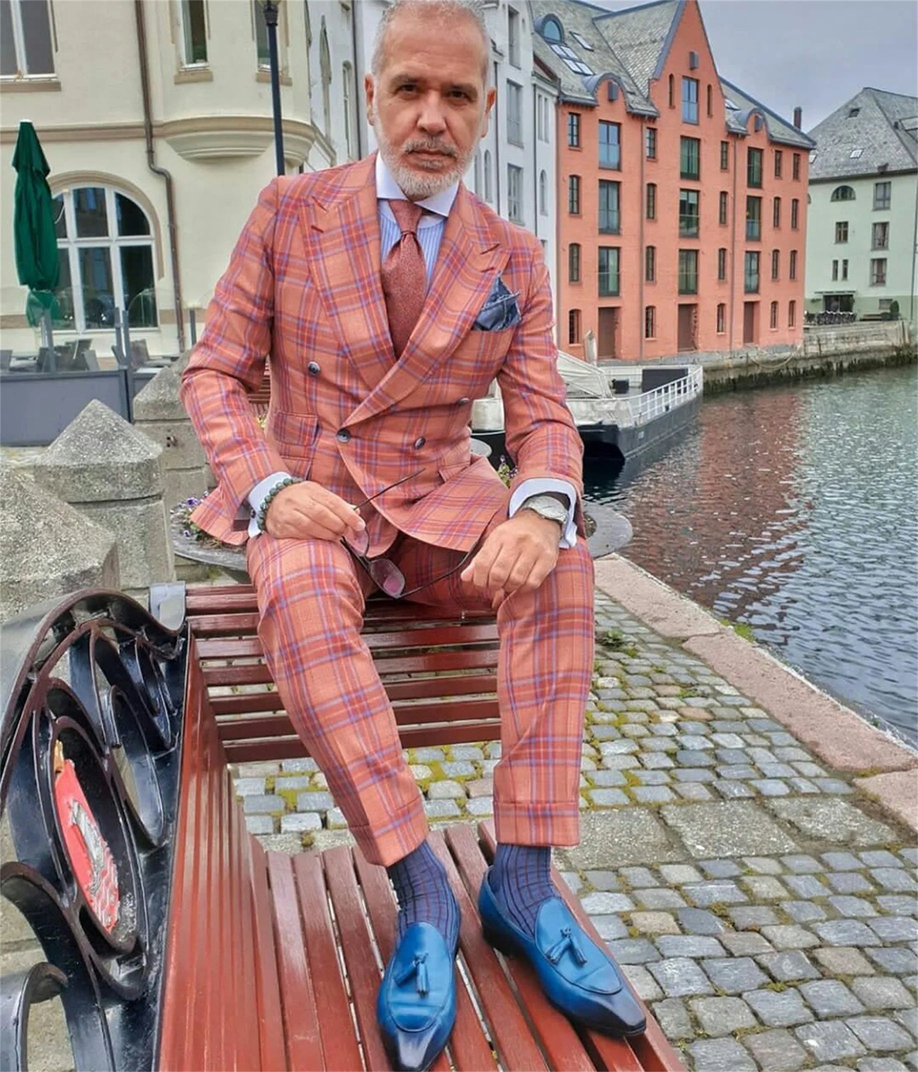 Winter Pink Check Plaid Mens Pants Suits Double Breasted Groom Best Man Coat Business Wedding Blazer (Jacket+Pants)
