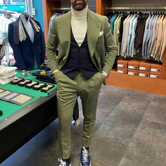 Winter Green Tweed Formal Men Pants Suits Plus Size Two Button Groom Best Man Coat Business Wedding Blazer (Jacket+Pants)