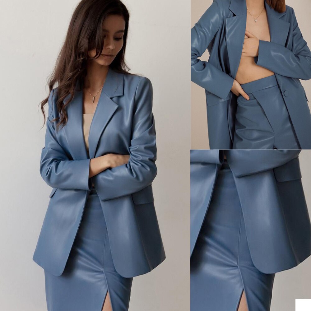 Leather Women Dress Suits Work Clothes High Waist Mother of the Bride Tuxedos Prom Evening Guest Wedding Wear 2 Pieces