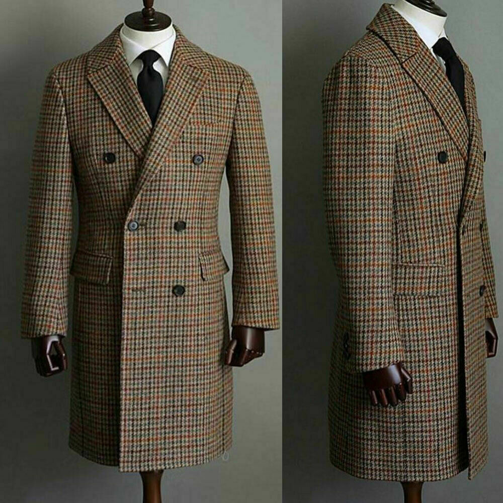 Winter Men Wool  Overcoat Double-breasted Six Button Warm Long Coat Formal Tailored