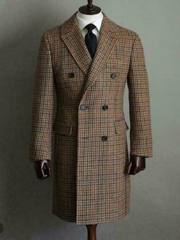 Winter Men Wool  Overcoat Double-breasted Six Button Warm Long Coat Formal Tailored