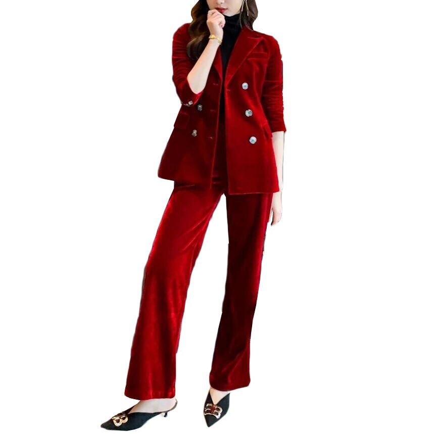 Traje de pantalón de terciopelo rojo y verde de invierno para mujer, 2 piezas, corte entallado, para fiesta de graduación, noche, chaqueta larga de celebridad 
