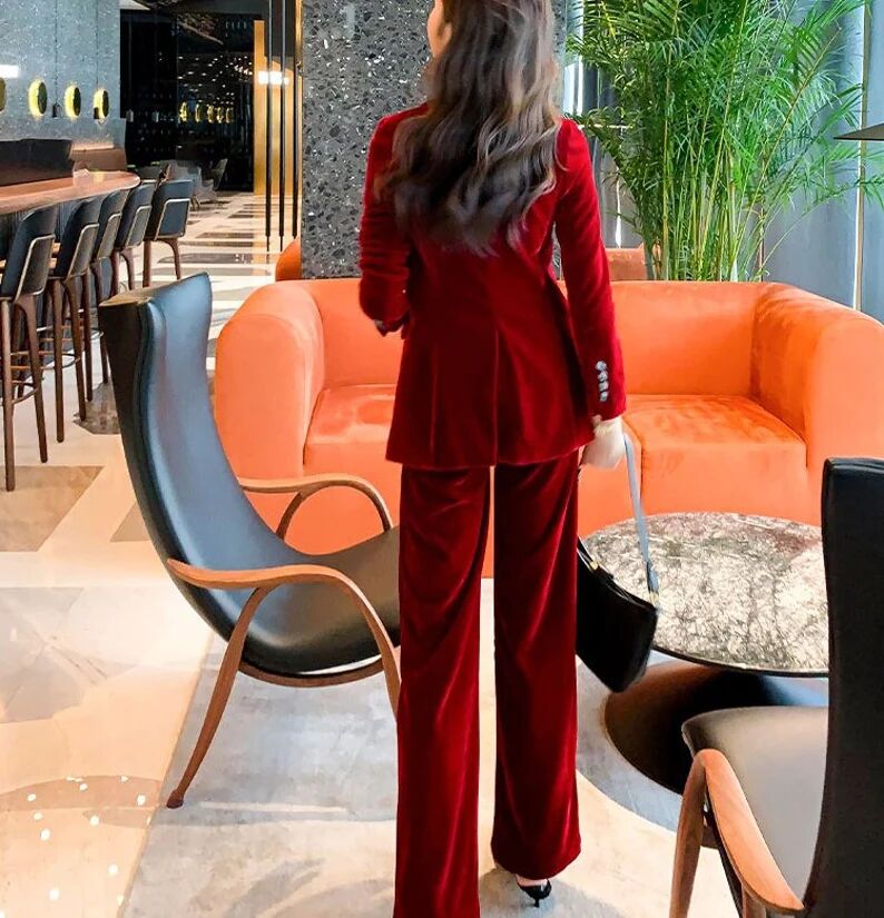 Traje de pantalón de terciopelo rojo y verde de invierno para mujer, 2 piezas, corte entallado, para fiesta de graduación, noche, chaqueta larga de celebridad 