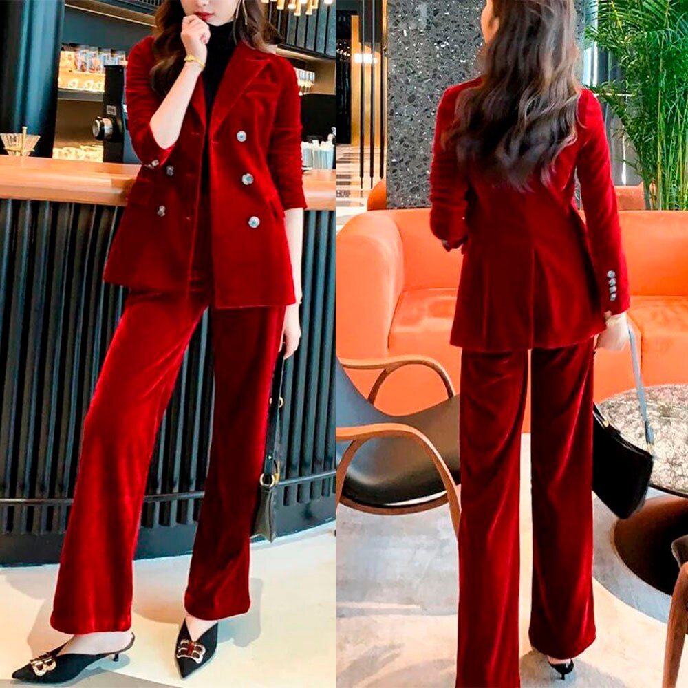 Traje de pantalón de terciopelo rojo y verde de invierno para mujer, 2 piezas, corte entallado, para fiesta de graduación, noche, chaqueta larga de celebridad 
