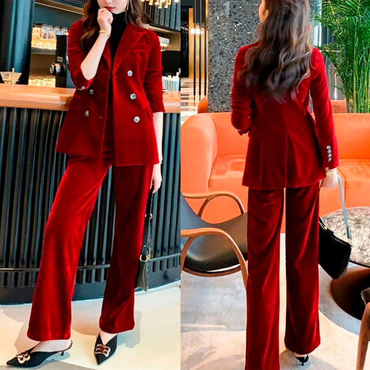 Winter Red Velvet Green Women Pants Suits 2 Pieces Slim FIt Prom Evening Party Wear Celebrity Long Jacket