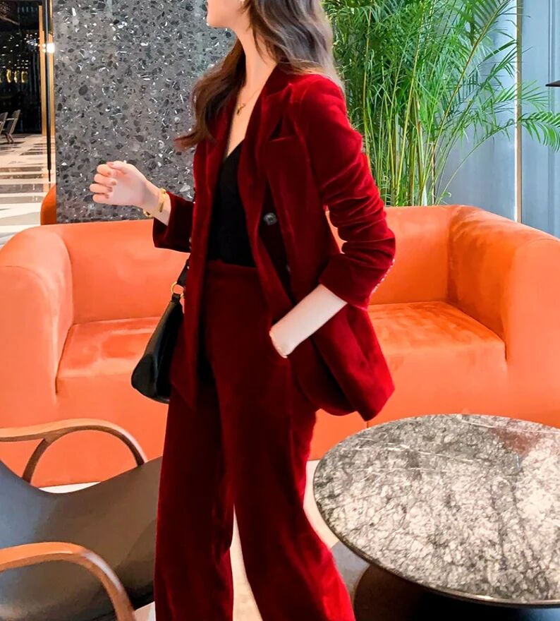 Traje de pantalón de terciopelo rojo y verde de invierno para mujer, 2 piezas, corte entallado, para fiesta de graduación, noche, chaqueta larga de celebridad 